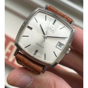 Vintage Omega Geneve Automatic Quickset Date Brushed Silver Dial Steel Watch