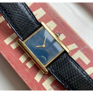 Vintage Cartier Tank Manual Wind Blue Dial 18K Gold Electroplated Case Watch