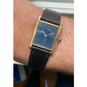 Vintage Cartier Tank Manual Wind Blue Dial 18K Gold Electroplated Case Watch