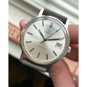 Vintage Omega Geneve Manual Wind Sunburst Silver Dial Quickset Date Steel Watch