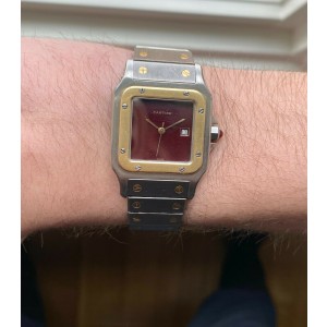 Vintage Cartier Santos 80s Automatic Two Tone  Red Lacquer Dial 29mm Watch