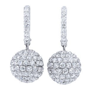 18K White Gold Pave Diamond Disco Drop Ball Earrings 6.31cttw