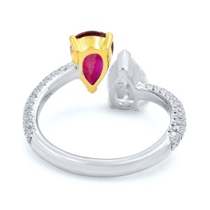 Ruby Diamond Two Pear Shape Cross Over Handmade Ring Platinum Size 6.5