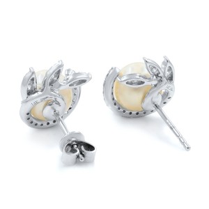 14K White Gold Fresh Water Natural Pearl Diamond Stud Earrings 0.42cttw 