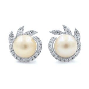 14K White Gold Fresh Water Natural Pearl Diamond Stud Earrings 0.42cttw 