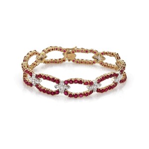 8.40ct Ruby & Diamond 14k Two Tone Gold Open Oval & Floral Link Bracelet