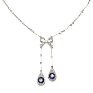 Estate 1.50ct Diamond Sapphire 18k WGold 2 Tear Drop Bow Pendant Necklace