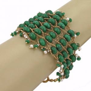 Vintage 18k Yellow Gold Emerald & Pearl Fancy Beaded Bracelet
