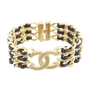 Chanel Gold Tone and Black Leather CC Logo Vintage Bracelet