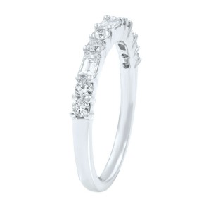 Round And Baguette Cut Shared Prong Diamond Wedding Band Ring, 18K White Gold 0.