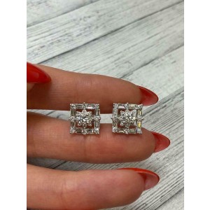 Rachel Koen 18K White Gold Square Shaped Diamond Stud Earrings 0.77cts