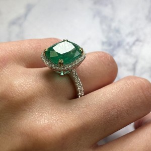 18K White Gold Cushion Green 9.23ct Emerald Diamond Halo Engagement Ring SZ 6