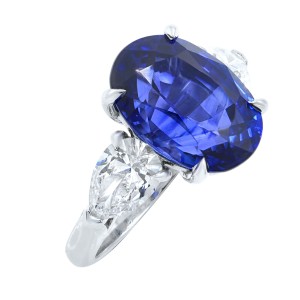  Platinum Oval Cut Sapphire & Diamonds Three Stone Engagement Ring CDC 5.13ct