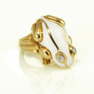 David Webb Platinum & Yellow Gold White Enamel Diamond Eyes Frog Ring Size 5.5