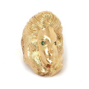 Retro 14k Yellow Gold & Emerald Hefty Carved Woman Face Ring