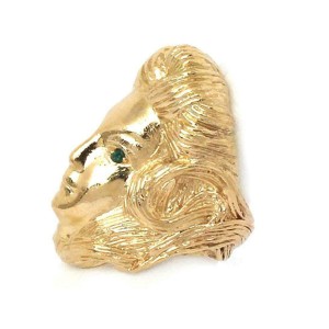 Retro 14k Yellow Gold & Emerald Hefty Carved Woman Face Ring