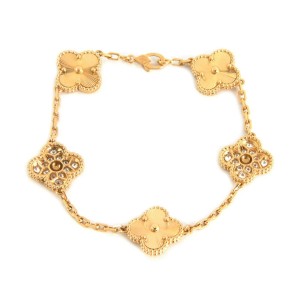 Van Cleef & Arpels Vintage Alhambra Diamond 5 Motifs 18k Gold Bracelet Cert