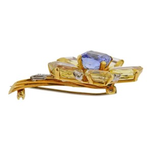 Cartier Midcentury Yellow Blue Sapphire Diamond Flower Brooch