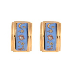Hermes Gold Tone & Blue Enamel Planet Motif Enamel Clip-On Earrings