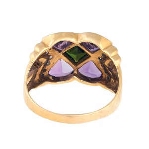 14K Yellow Gold Tourmaline, Amethyst and Diamond Cocktail Ring Size 8.75