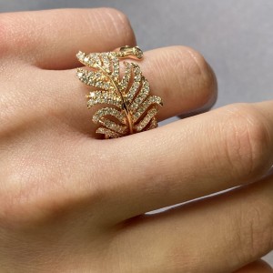 Rachel Koen 18K Rose Gold Diamond Feather Statement Ring 1.24Cttw Size 6