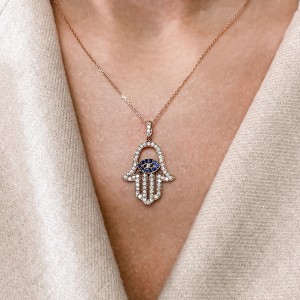 Rachel Koen 18K Rose Gold Diamond & Blue Sapphire Hamsa Pendant 1.01cttw 
