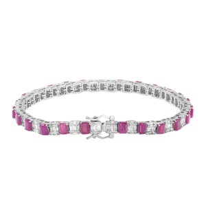 Emerald Cut Ruby and Diamond Tennis Bracelet 14K White Gold 7 Inches