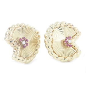 David Webb 18K Yellow Gold and Platinum 0.80 Ct Ruby and 0.16 Ct Diamond Fan Earrings