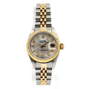 Ladies ROLEX Oyster Perpetual 26mm Gold & Steel Datejust White MOP Dial Diamonds
