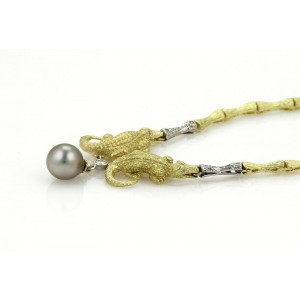 18k Two Tone Gold Diamond & Pearl Aligator Log Design Necklace