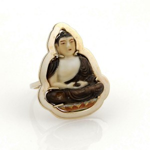 Vintage 14k Yellow Gold Hand Painted Buddha On Lotus Flower Ring Size 8.5