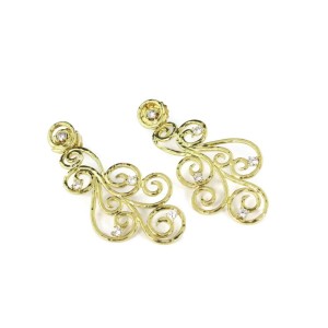 Designer Sal Paschnik Diamond 18k Yellow Gold Scroll Design Long Dangle Earrings