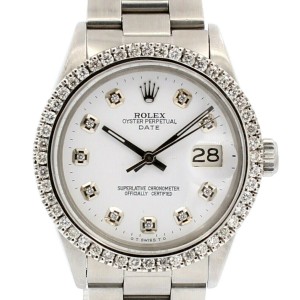 Mens ROLEX Oyster Perpetual Date 34mm White Dial Diamond Stainless Steel Watch
