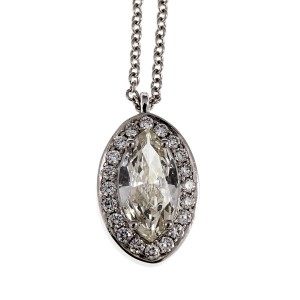 14K White Gold Halo Diamond Marquise Pendant Necklace