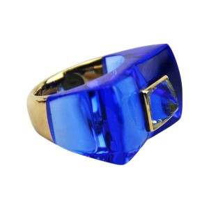 Baccarat 18K Yellow Gold and Blue Lead Crystal Ring 6.5
