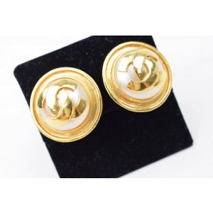 Chanel Gold Tone Metal & Simulated Glass Pearl Round CC Clip On Earrings