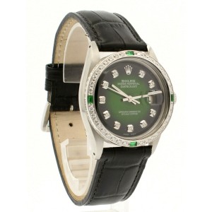 Mens Vintage ROLEX Oyster Perpetual Datejust 36mm GREEN Vignette Diamond Watch