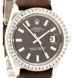 Mens Vintage ROLEX Oyster Perpetual Date 34mm BROWN Dial Diamond Steel Watch