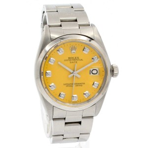 Mens Vintage ROLEX Oyster Perpetual Date 34mm YELLOW Dial Diamond Stainless
