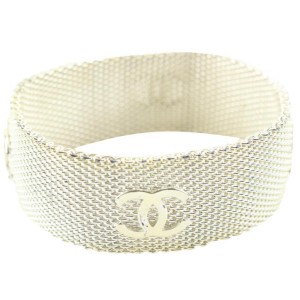 Chanel Silver Mesh Chainlink CC Cuff Bangle Bracelet 