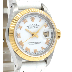 Ladies Vintage ROLEX Oyster Perpetual Datejust 26mm White Roman Dial Gold Watch