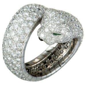 Cartier Panthere 18K White Gold Diamond Pave Onyx & Emerald Bypass Ring