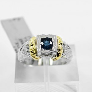 Light Blue Sapphire Ring w 0.20Ct Diamonds 14K White & 18K Yellow Gold SIZE 6.25