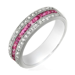 0.77 CT Pink Sapphire & 0.28 CT Diamonds 18K Gold Wedding Band Ring Size 6-7.5