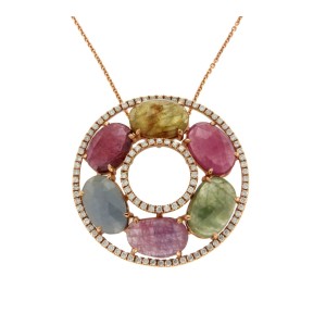 Multicolor Stones 0.60 CT Diamond 14K Gold Circle Of Life Necklace Size16"»N115