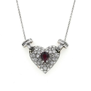 18K White Gold 1.28 CT Diamonds & 0.50 CT Ruby Heart Necklace Size 17"