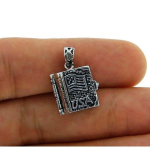 Solid Sterling Silver 3D USA Flag & CROSS Locket Book Pendant » P33