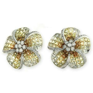 18K White Gold 0.38 CT Diamonds & 14.13 CT Yellow Sapphire Flower Earring »E3235