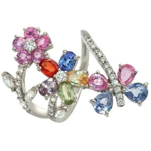 4.09 CT Natural Multi Sapphires & 0.36 CT Diamonds in 18K White Gold FLower Ring