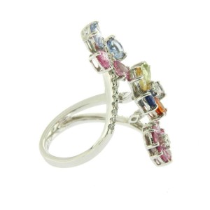 4.09 CT Natural Multi Sapphires & 0.36 CT Diamonds in 18K White Gold FLower Ring